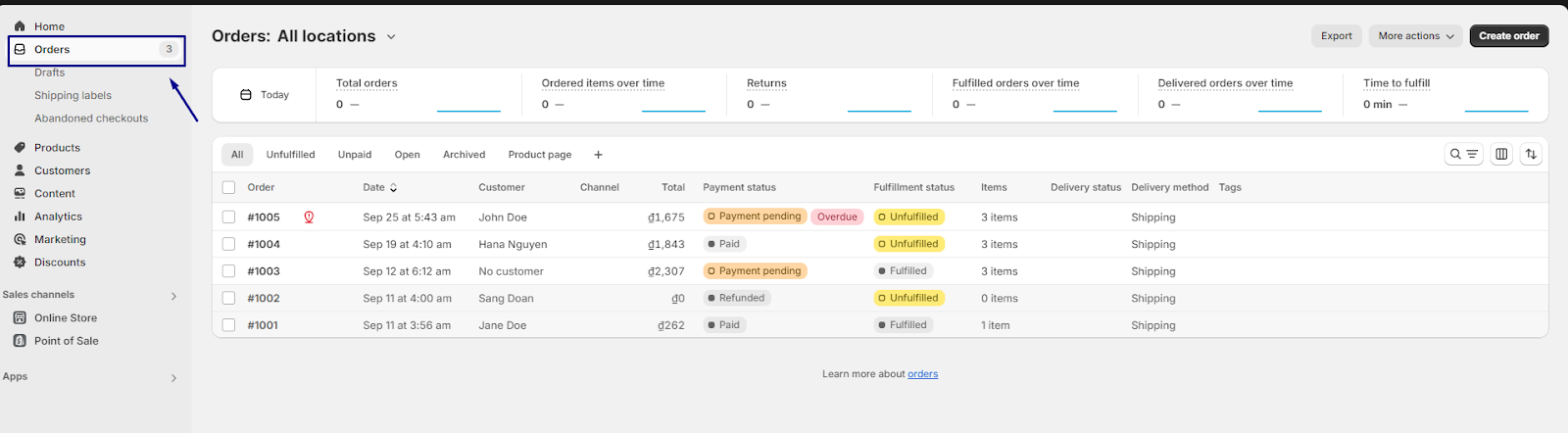 Log in to your Shopify admin and go to Orders